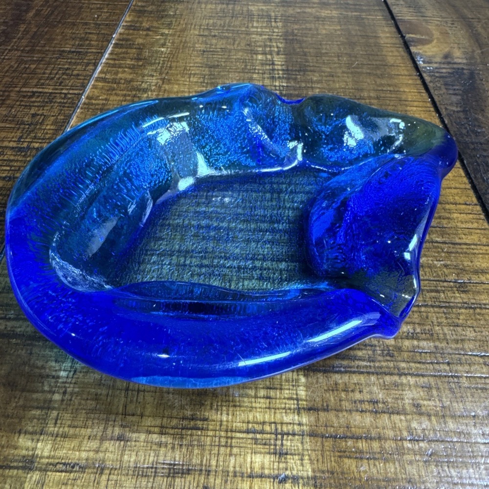 Blenko Glass Handmade Blue Asymmetrical Amobe Bowl Dish Ashtray MCM